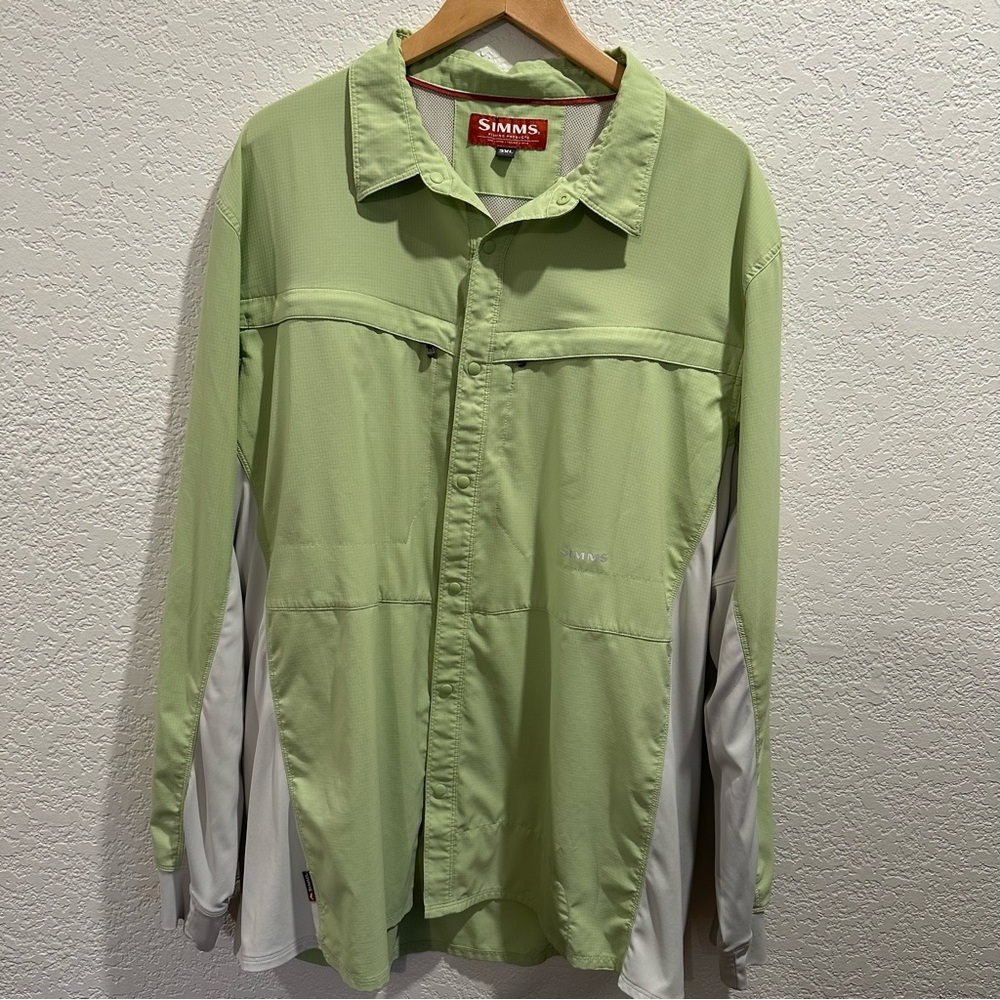 Simms Men's Fishing Snap Closure Green & Gray UPF 30 Long Sleeve Shirt